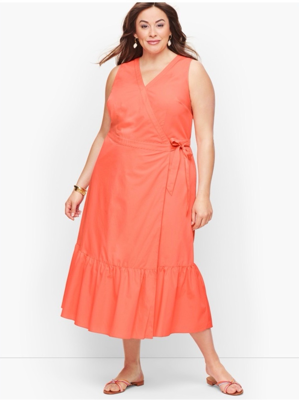 Talbots V-NECK Coral POPLIN Wrap Cotton Lightweight Tiered Maxi Dress Sz 16